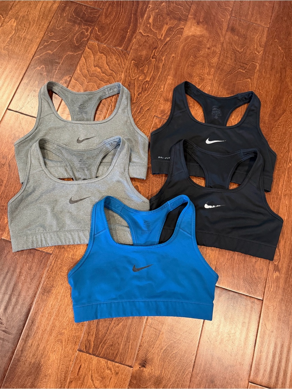 LOT OF 5 - Nike Women’s Size Small Sports Bra Bundle - Blue, Black & Gray